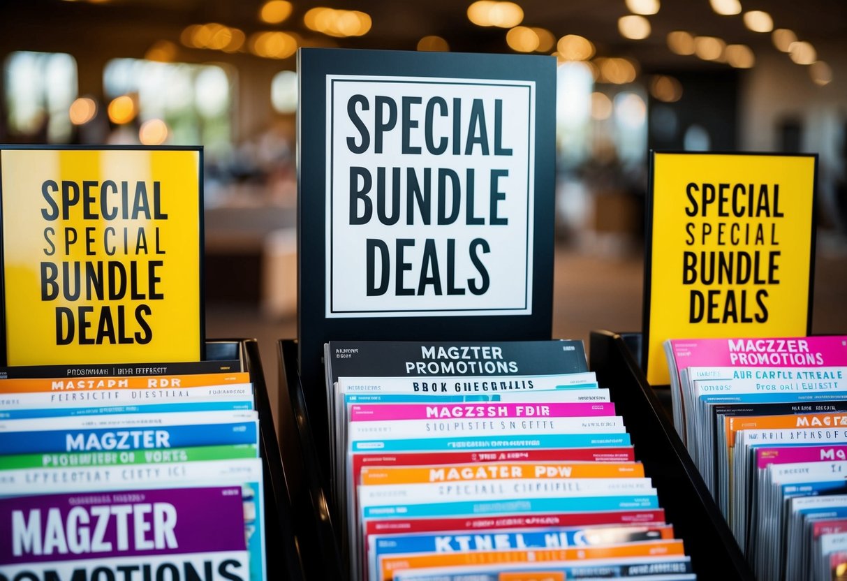 A display of colorful magazines with "Special bundle deals" and "Magzter promotions" signage