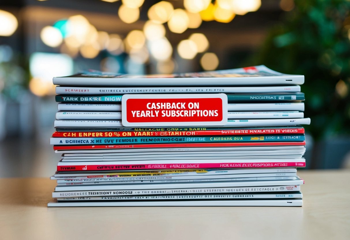 A stack of magazines with a "Cashback on yearly subscriptions" promotion sticker