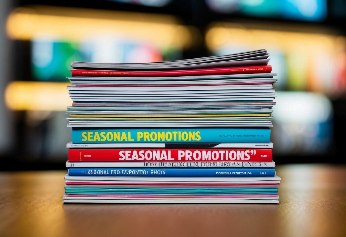 A stack of colorful magazines with "Seasonal Promotions" displayed prominently