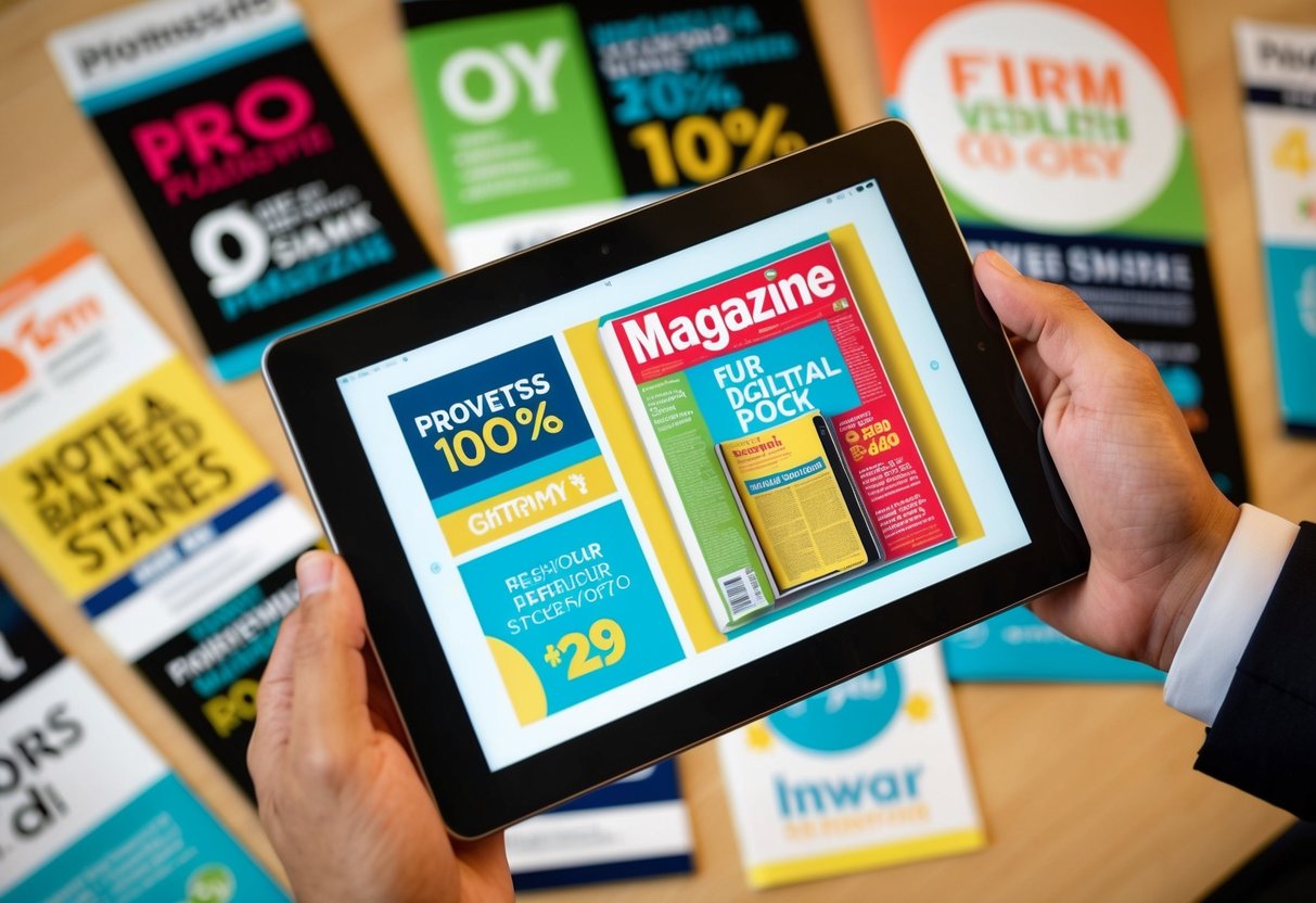 A digital tablet displaying a colorful magazine cover surrounded by promotional banners and icons