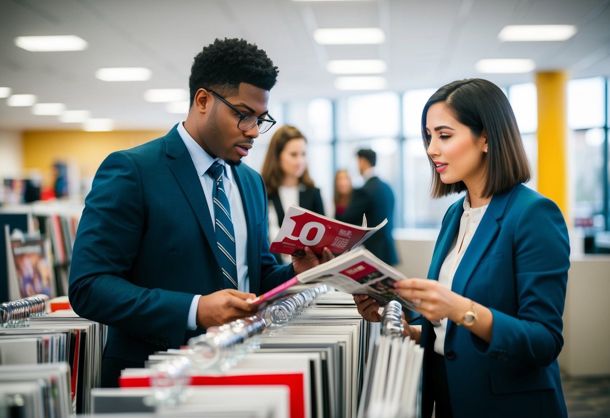 A student and educator discuss discounts while browsing magazines