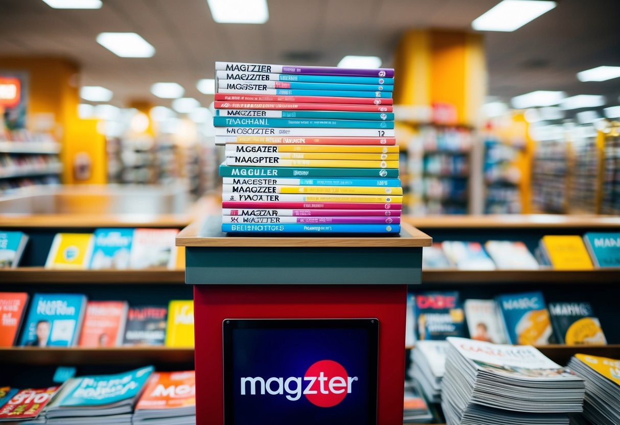 A stack of colorful magazines with the Magzter logo on a display stand in a busy bookstore