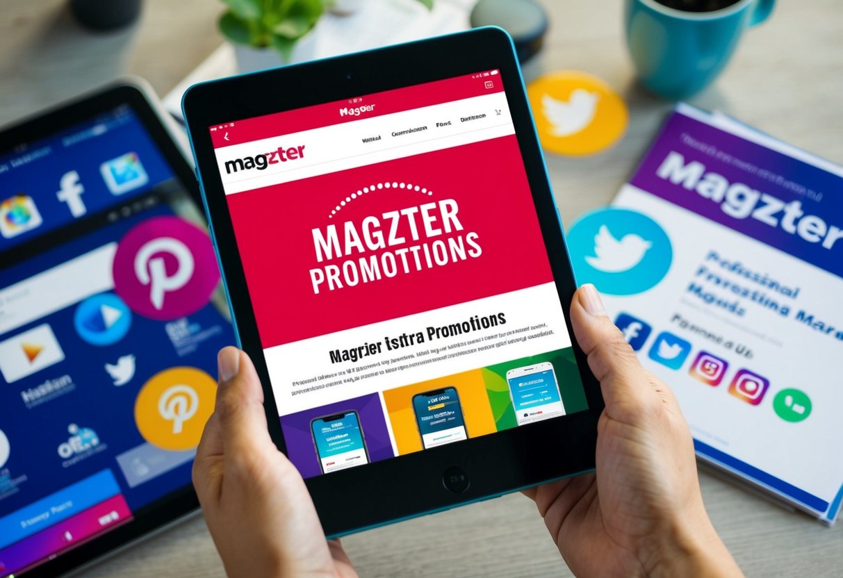 A vibrant digital device displaying Magzter promotions with a bold logo and eye-catching graphics, surrounded by various marketing materials and social media icons