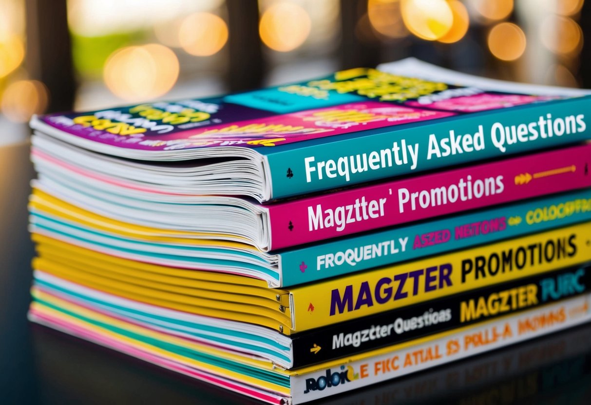 A stack of colorful magazines with "Frequently Asked Questions" and "Magzter promotions" displayed on the cover
