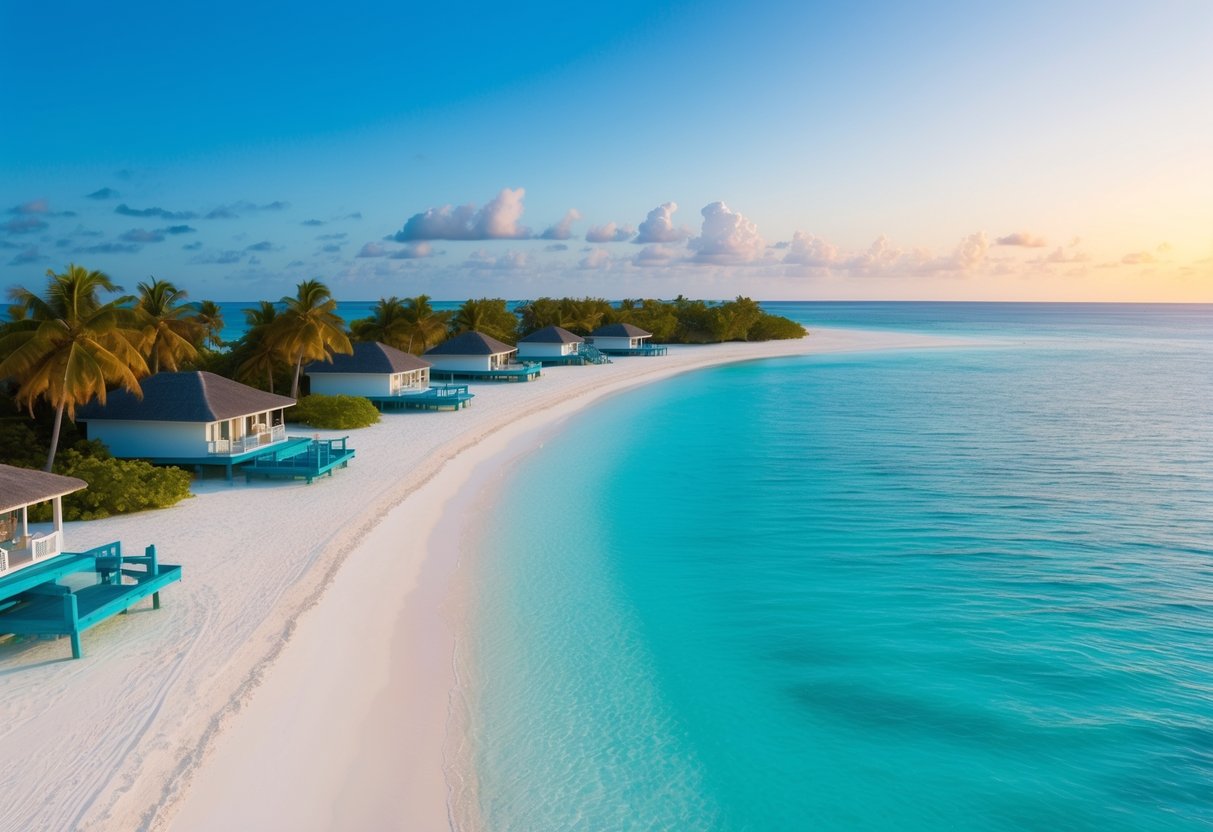 A turquoise ocean with white sand beaches, overwater bungalows, and palm trees, with a clear blue sky and a colorful sunset