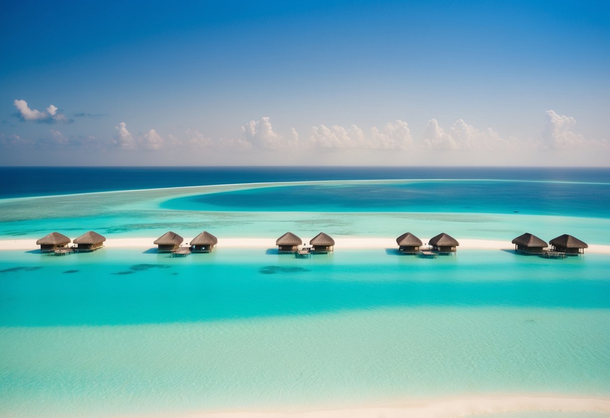 Aerial view of pristine beaches, crystal-clear waters, and luxurious overwater bungalows in the Maldives