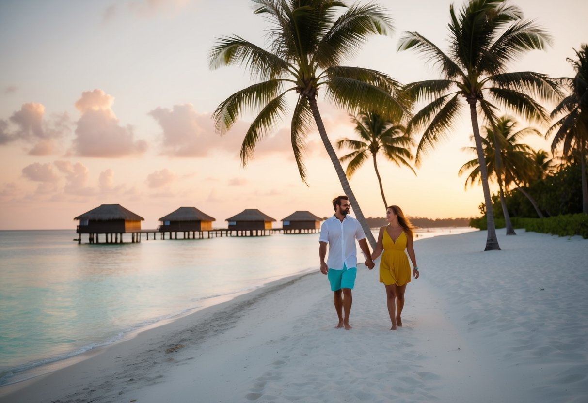 A couple walks along a pristine beach at sunset, palm trees swaying in the gentle breeze, with luxurious overwater bungalows in the background