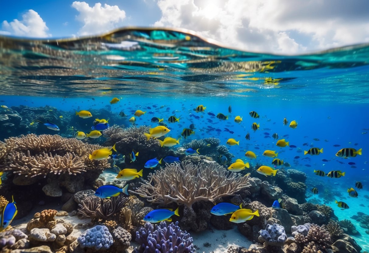 Vibrant coral reefs teeming with colorful fish in the crystal clear waters of the Maldives. Sunshine illuminates the underwater world, creating a mesmerizing scene for snorkelling excursions