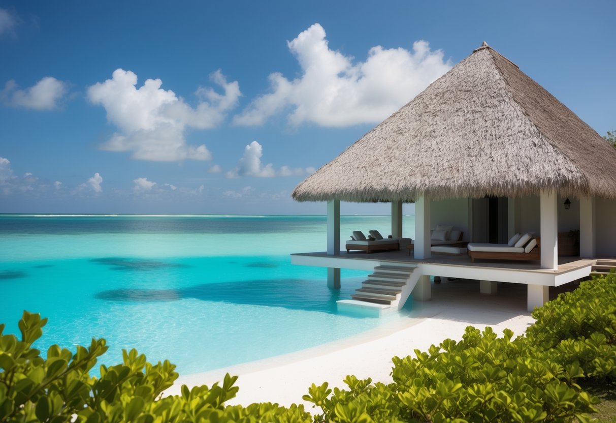 A tranquil overwater spa with thatched roofs and clear turquoise water, surrounded by lush greenery and white sandy beaches