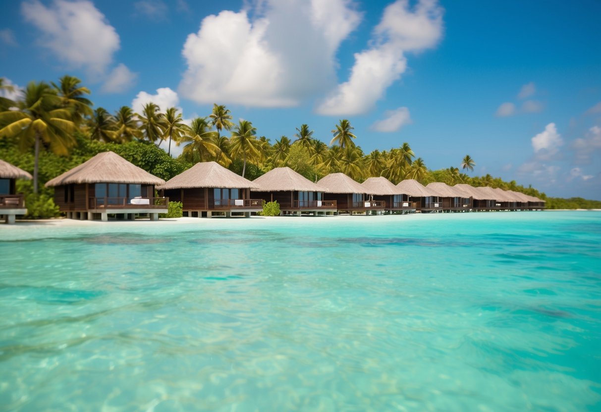 A row of overwater villas on stilts, surrounded by crystal-clear turquoise waters, with lush greenery and palm trees in the background
