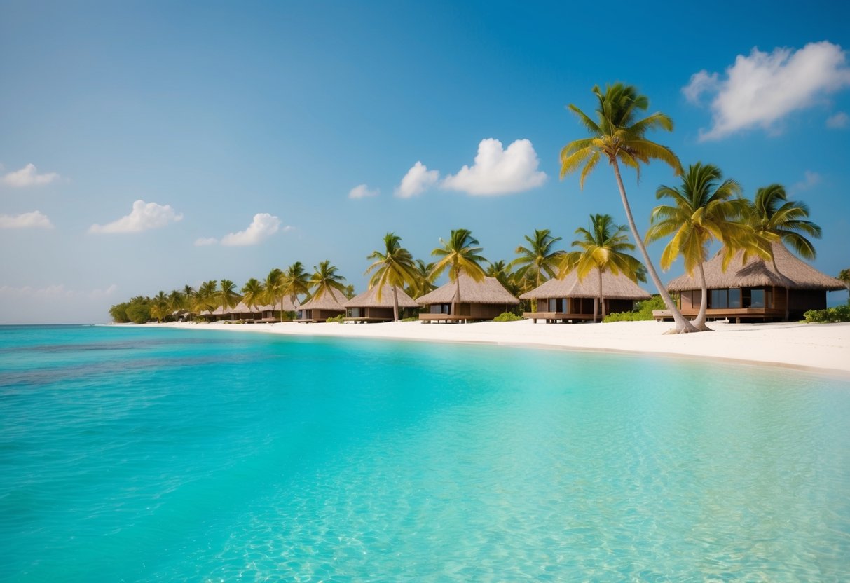 A serene beach with crystal-clear turquoise waters, palm trees swaying in the gentle breeze, and luxurious overwater bungalows lining the shore