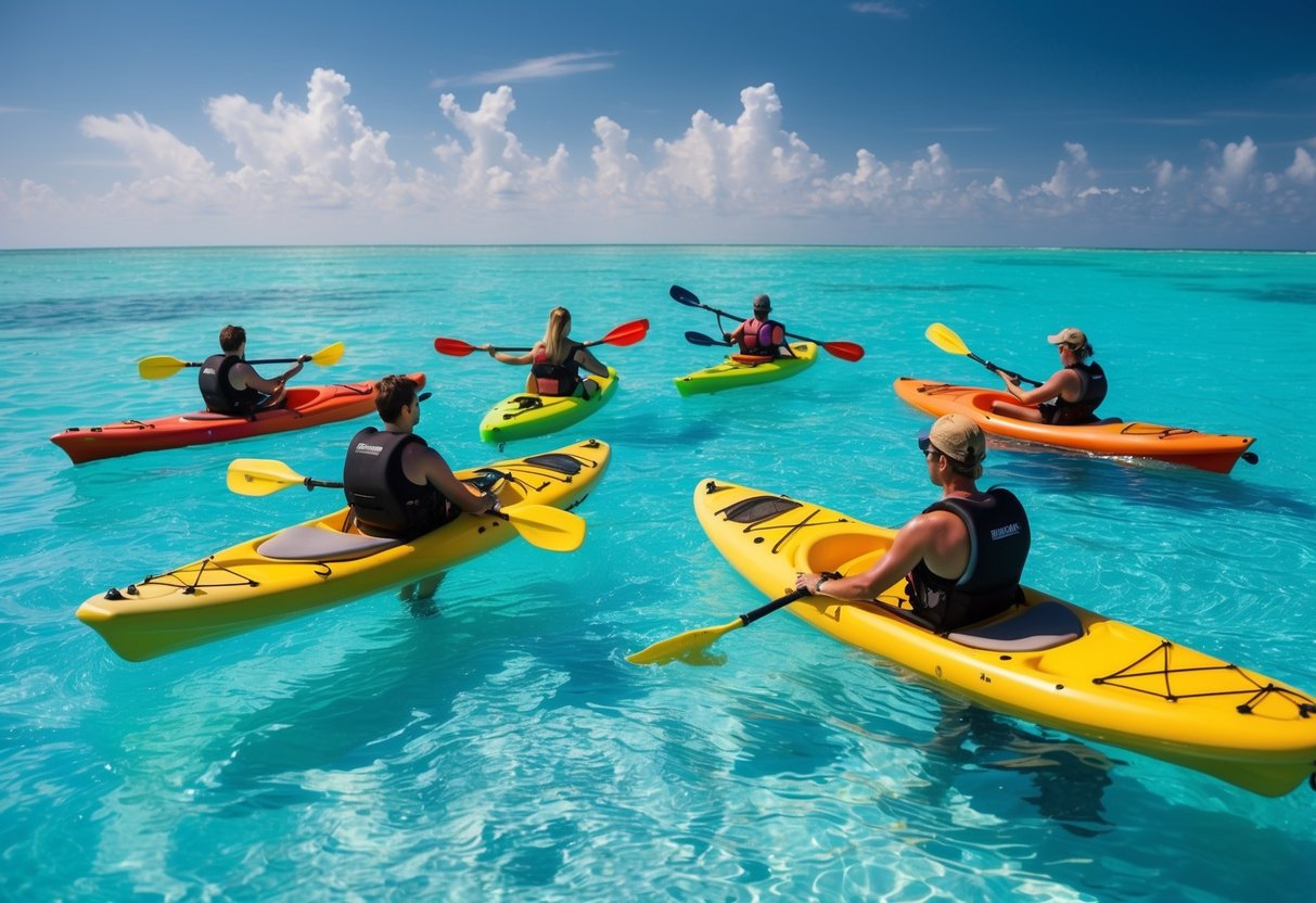 A group of people enjoying water sports activities in the crystal-clear waters of the Maldives, with colorful kayaks, paddleboards, and snorkeling gear