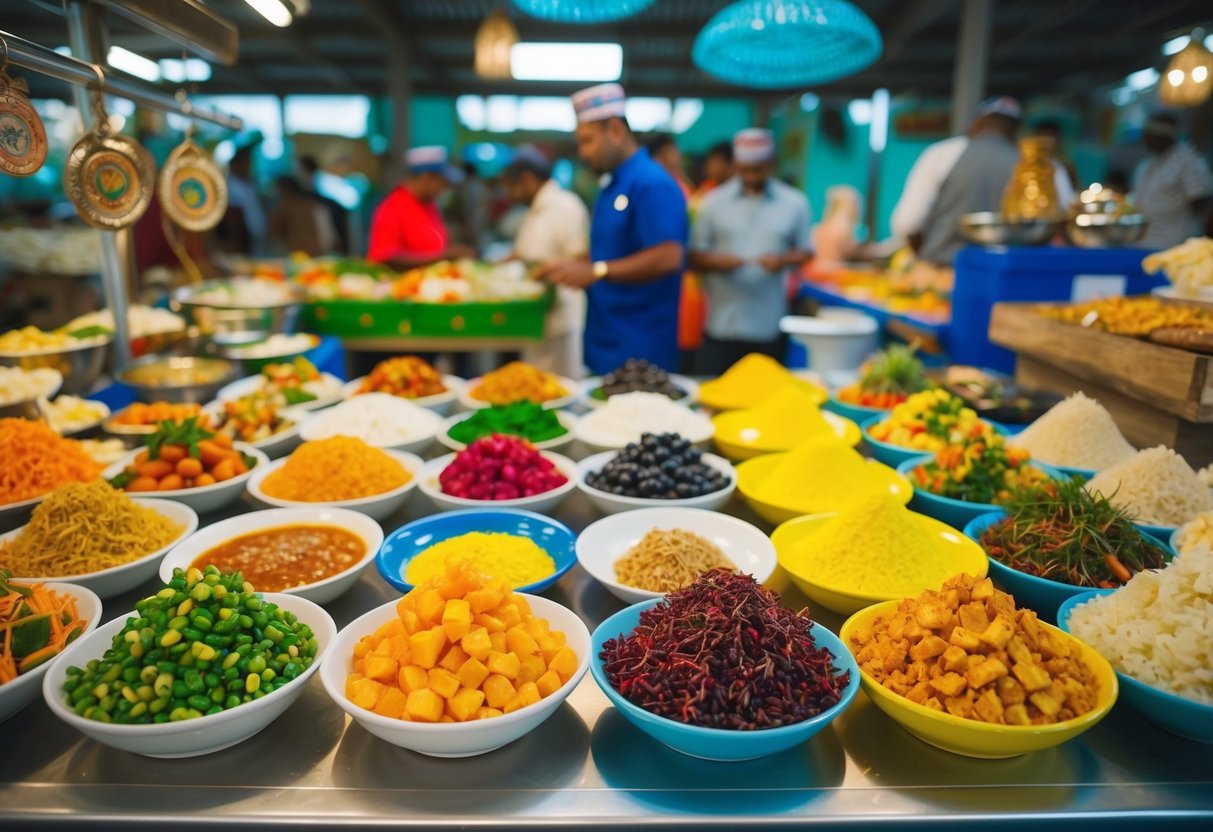 A colorful market with traditional Maldivian dishes and cultural artifacts on display
