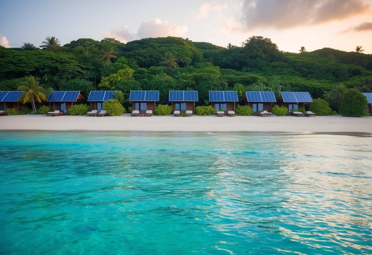 A serene beach with crystal-clear waters and lush greenery, surrounded by eco-friendly bungalows and solar panels
