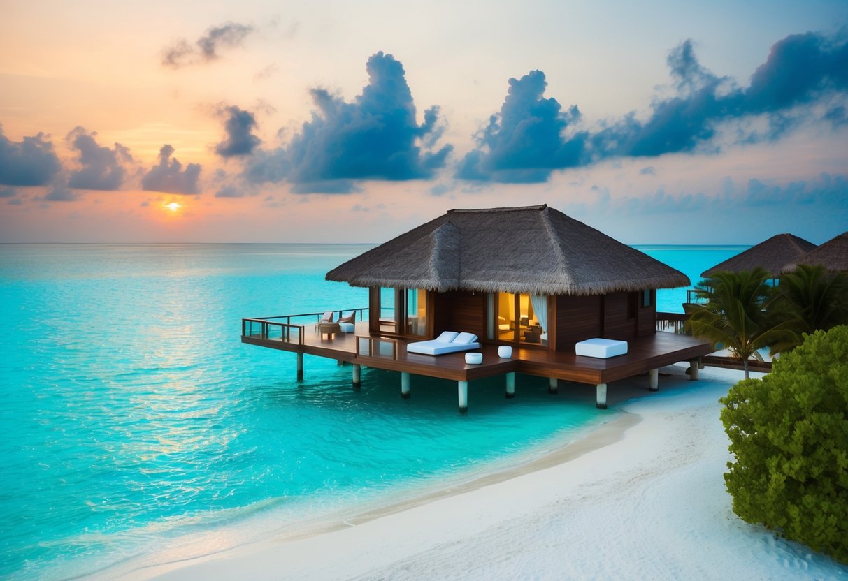A luxurious overwater bungalow in the Maldives, surrounded by crystal-clear turquoise water and white sandy beaches, with a private deck and romantic sunset view