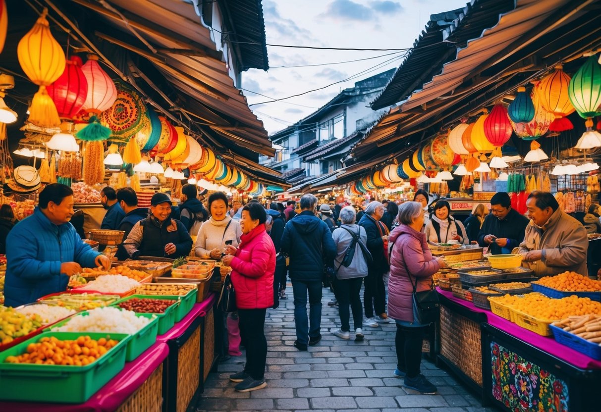 A vibrant market with colorful traditional crafts and local food stalls. Tourists mingle with locals, enjoying the lively atmosphere