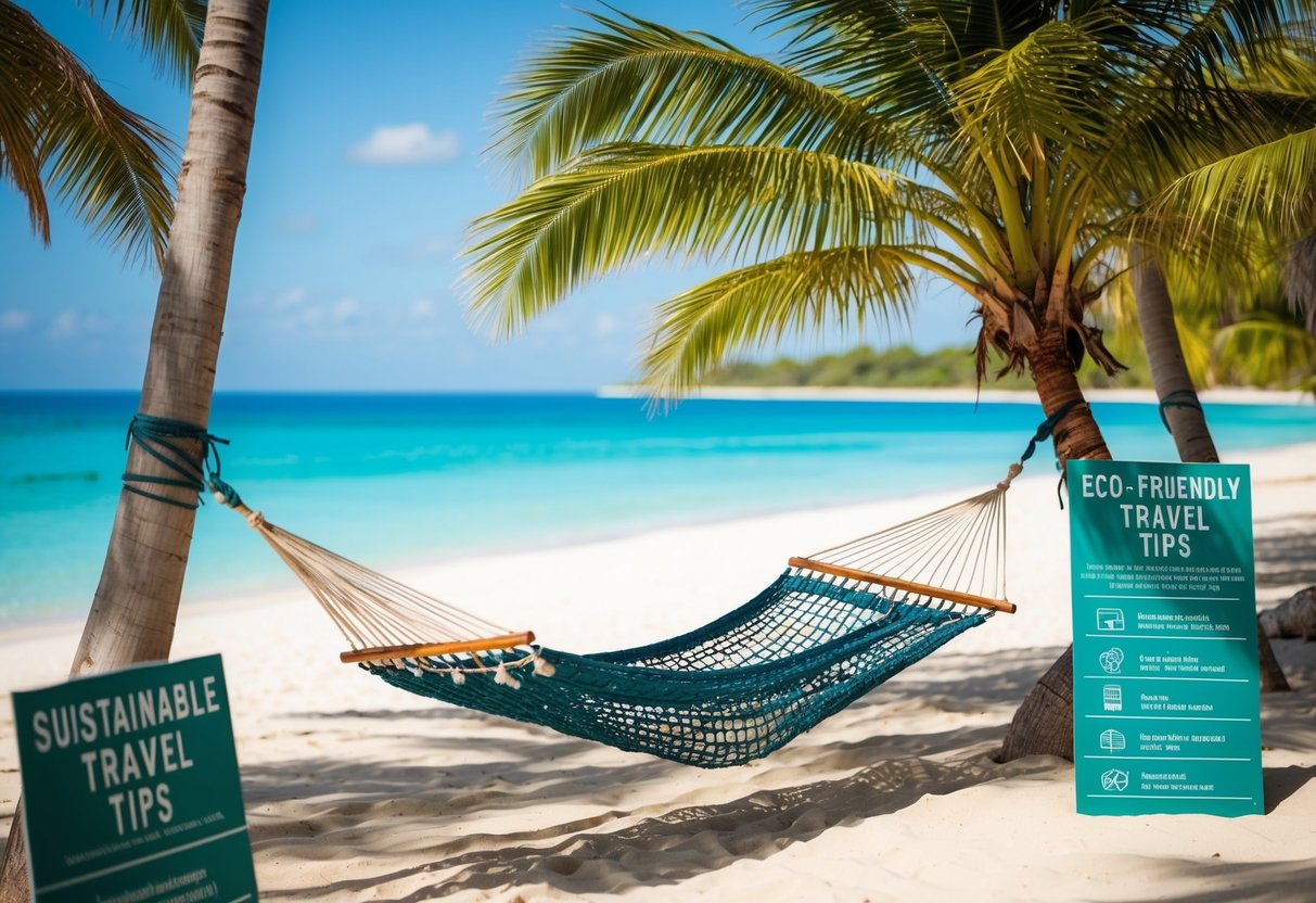 A serene beach with crystal-clear water, palm trees, and a hammock made from sustainable materials, surrounded by eco-friendly travel tips signage