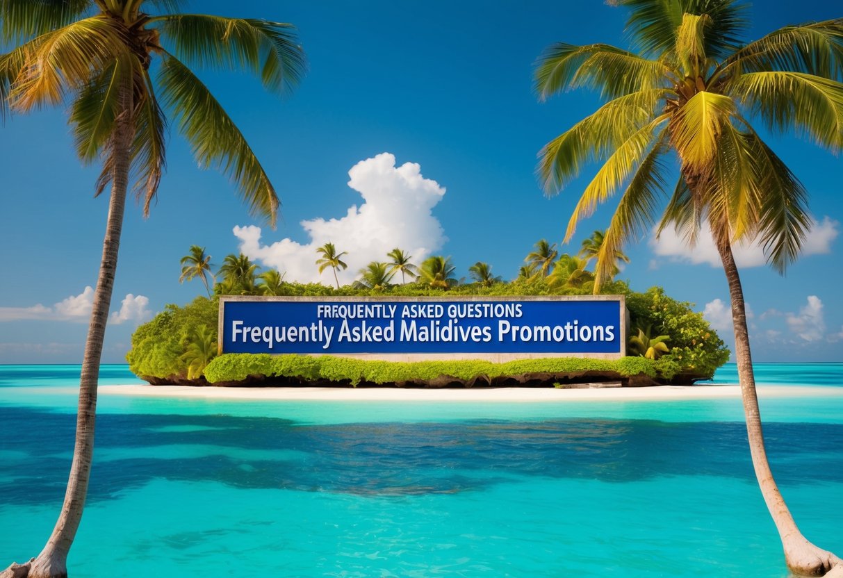 A tropical island with palm trees and a clear blue ocean, with a sign promoting "Frequently Asked Questions Maldives Promotions."