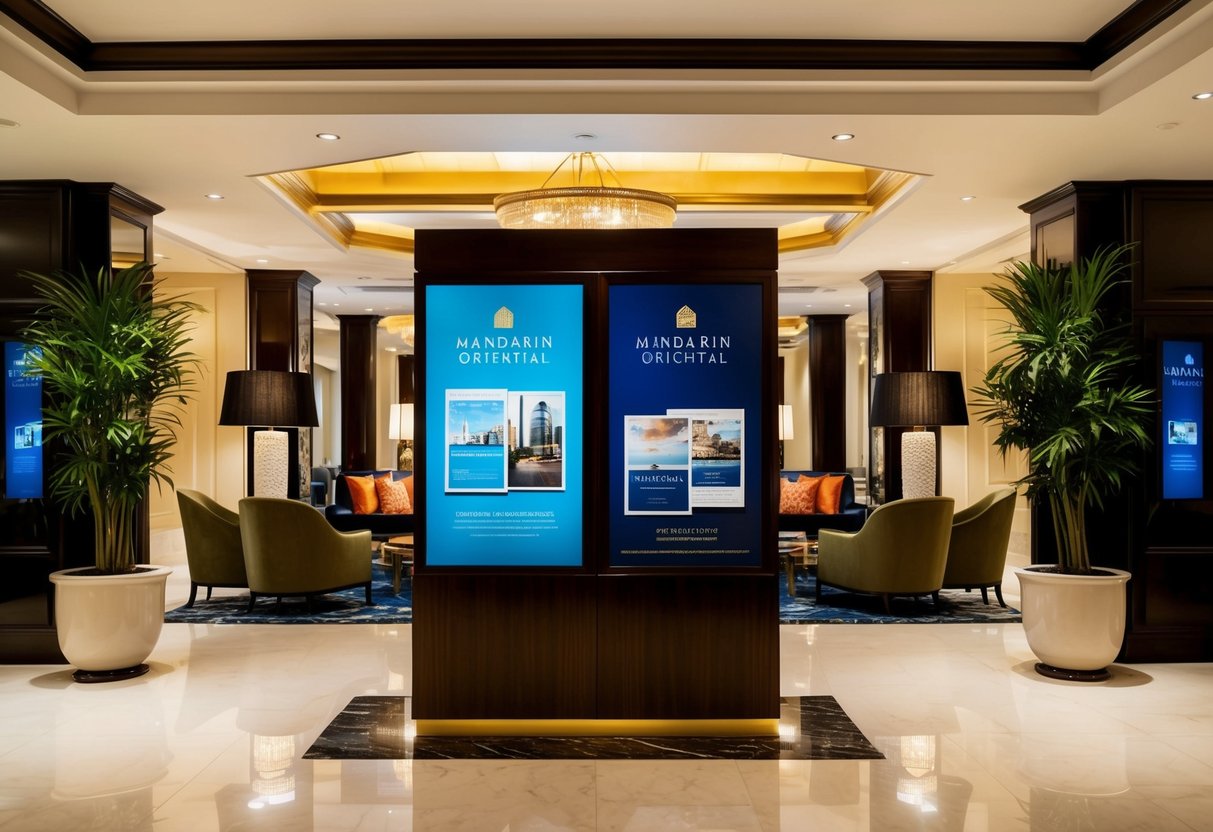 A luxurious hotel lobby adorned with elegant decor and a display of promotional materials for Mandarin Oriental