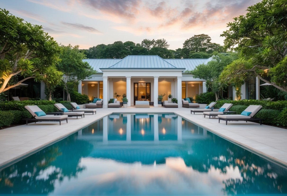 A serene spa with a tranquil pool, lush greenery, and elegant architecture, offering a luxurious retreat experience