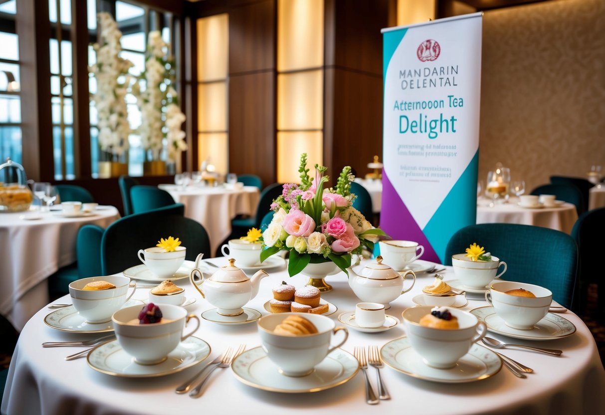 A table set with elegant teacups, pastries, and floral arrangements at a Mandarin Oriental hotel, with a banner promoting the Afternoon Tea Delight Offer