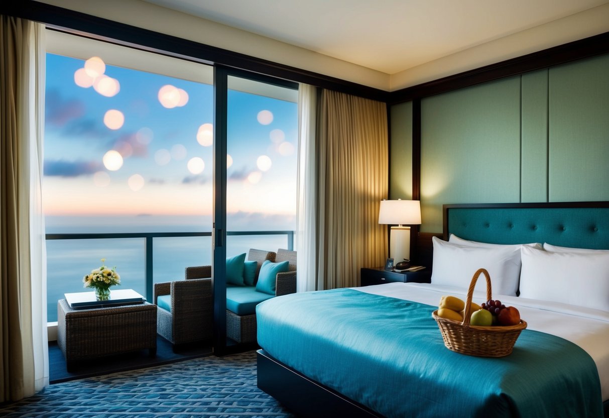 A luxurious hotel room with a view, a plush bed, and a welcome basket of fruits and snacks