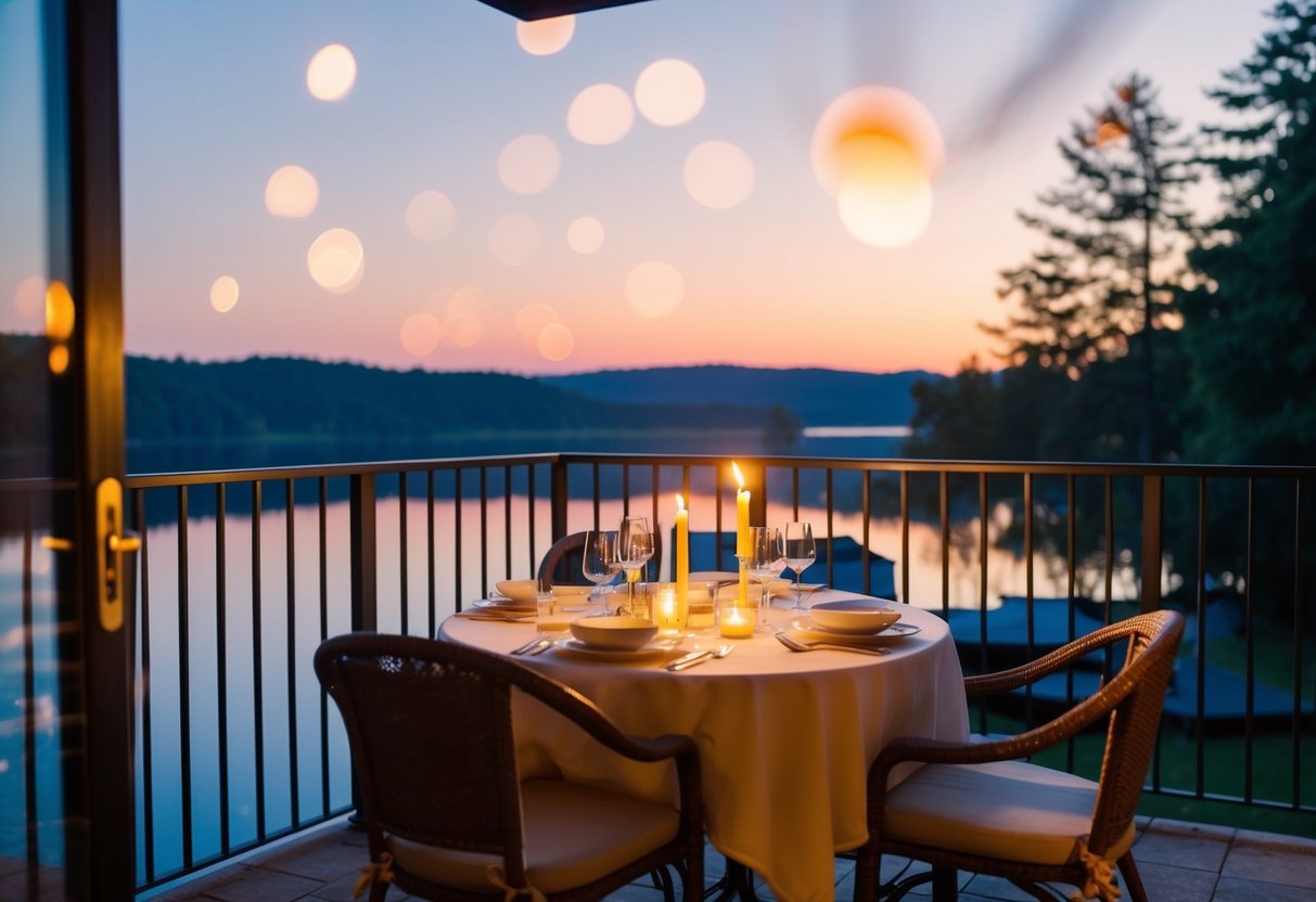 A candlelit dinner on a private balcony overlooking a tranquil lake