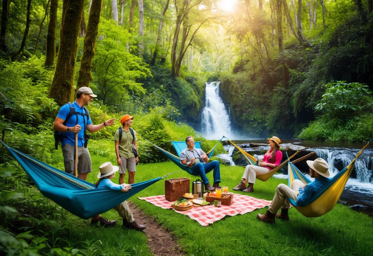 A family hiking through a lush forest, with a picnic set up near a waterfall. A guide points out wildlife, while others relax in hammocks