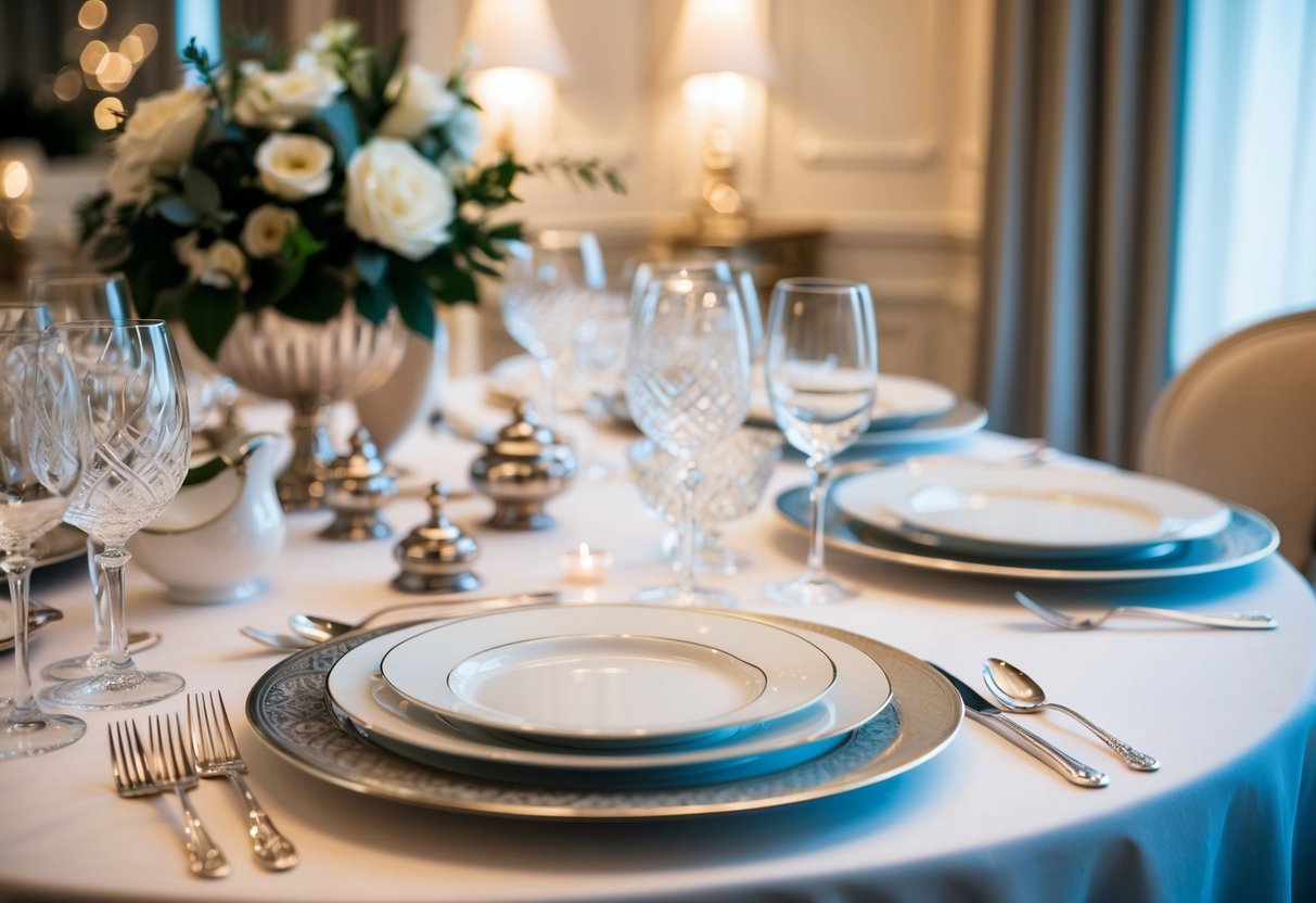 A beautifully set table with fine china, crystal glassware, and elegant silverware, surrounded by luxurious decor and soft lighting