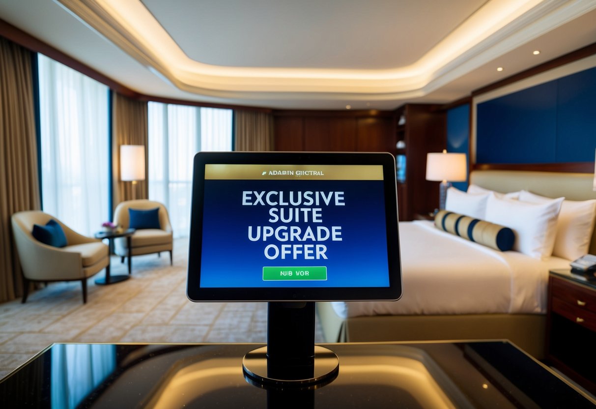 A luxurious suite at Mandarin Oriental with a "Exclusive Suite Upgrade Offer" displayed on a digital screen