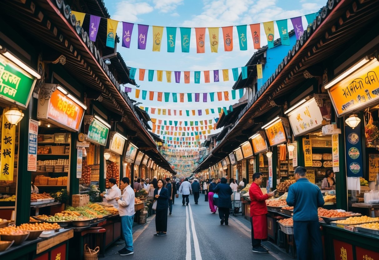 A bustling market street lined with colorful banners and traditional architecture, with vendors selling local crafts and street food
