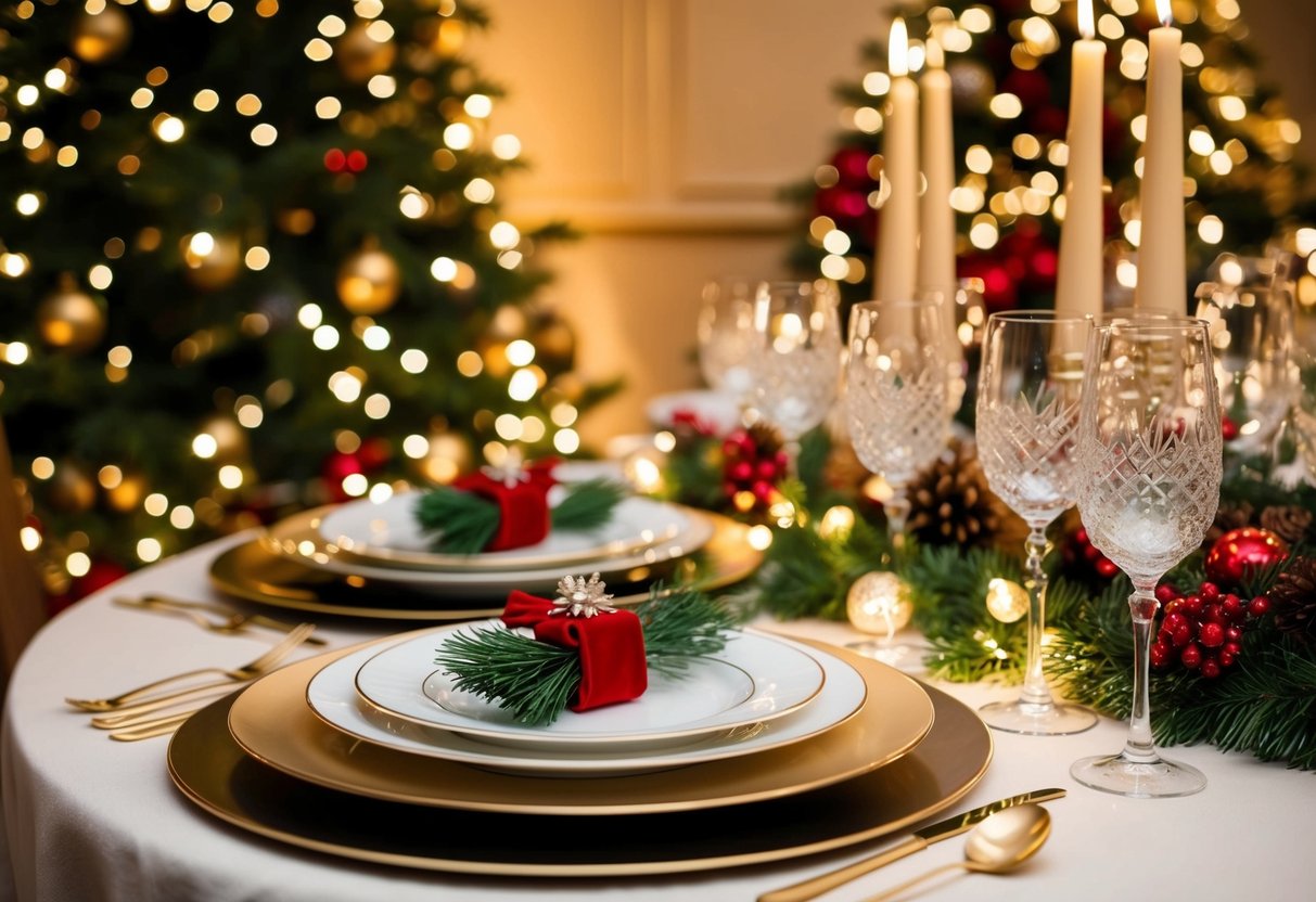 A festive table set with elegant dinnerware, surrounded by twinkling lights and seasonal decorations