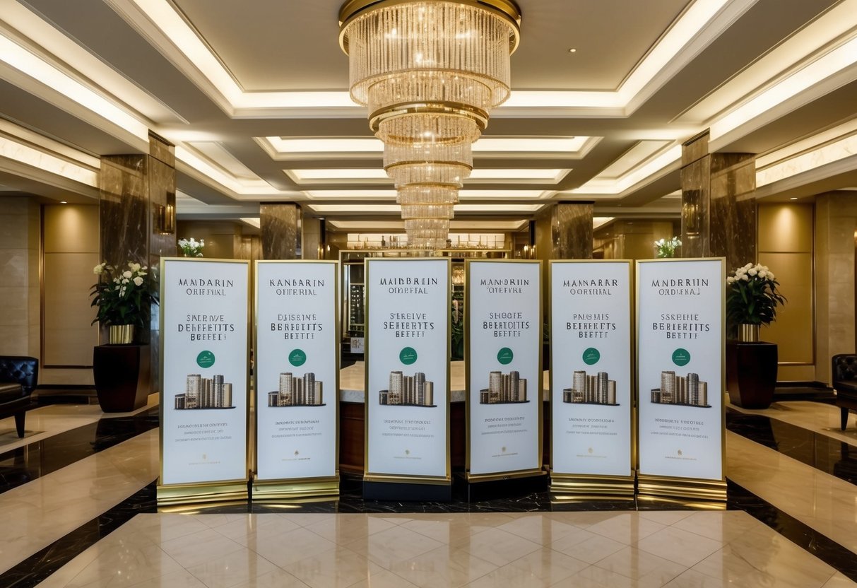 A luxurious hotel lobby adorned with elegant décor and a display of promotional materials for Mandarin Oriental's exclusive benefits