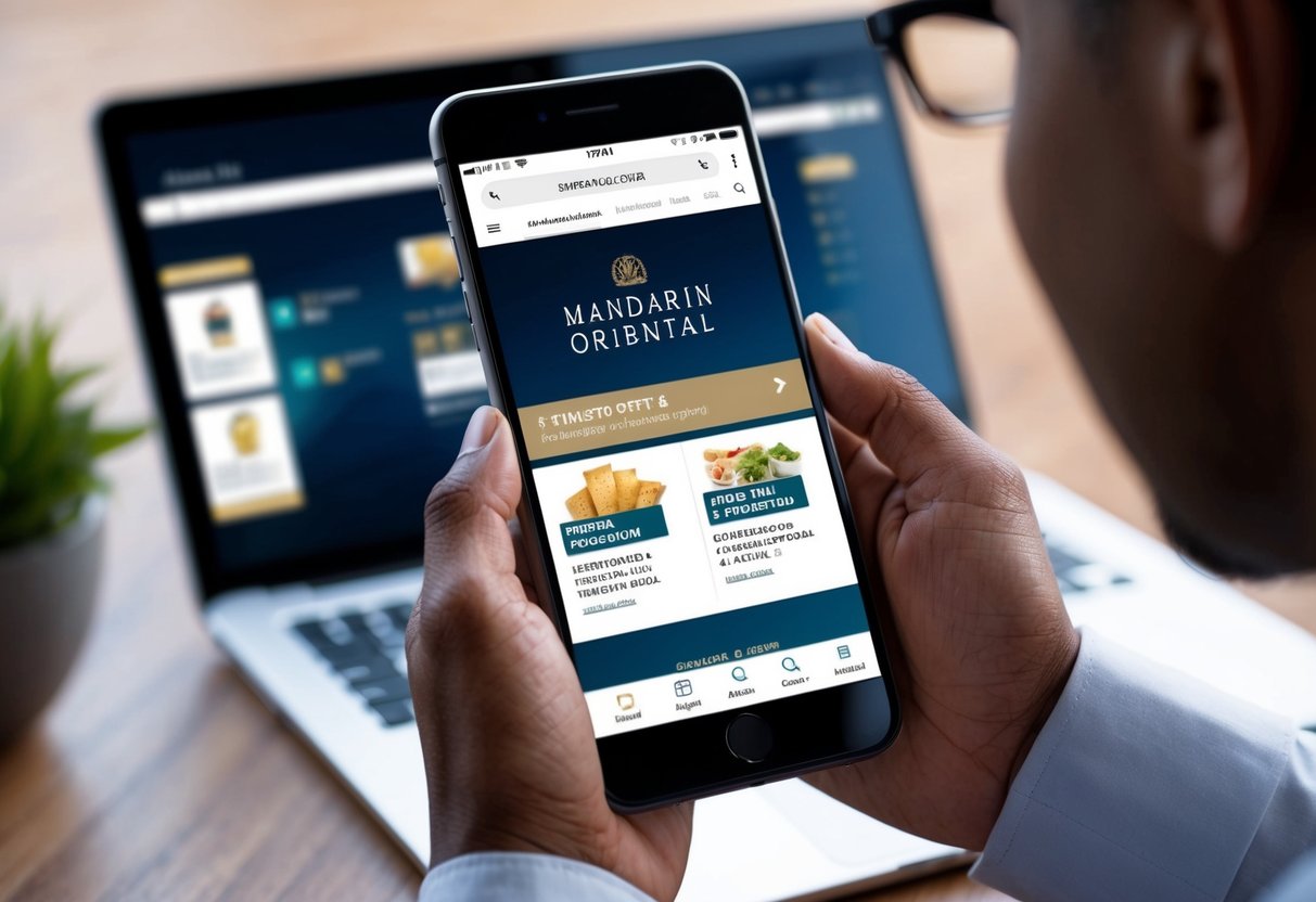 A person using a smartphone to browse through the Mandarin Oriental website, with various promotional offers displayed on the screen