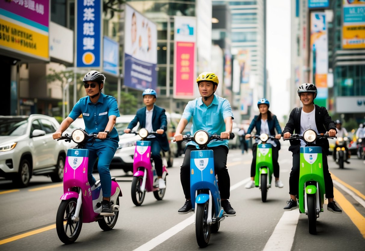 A group of people riding colorful Mobikes through a bustling city, passing by promotional banners and signs