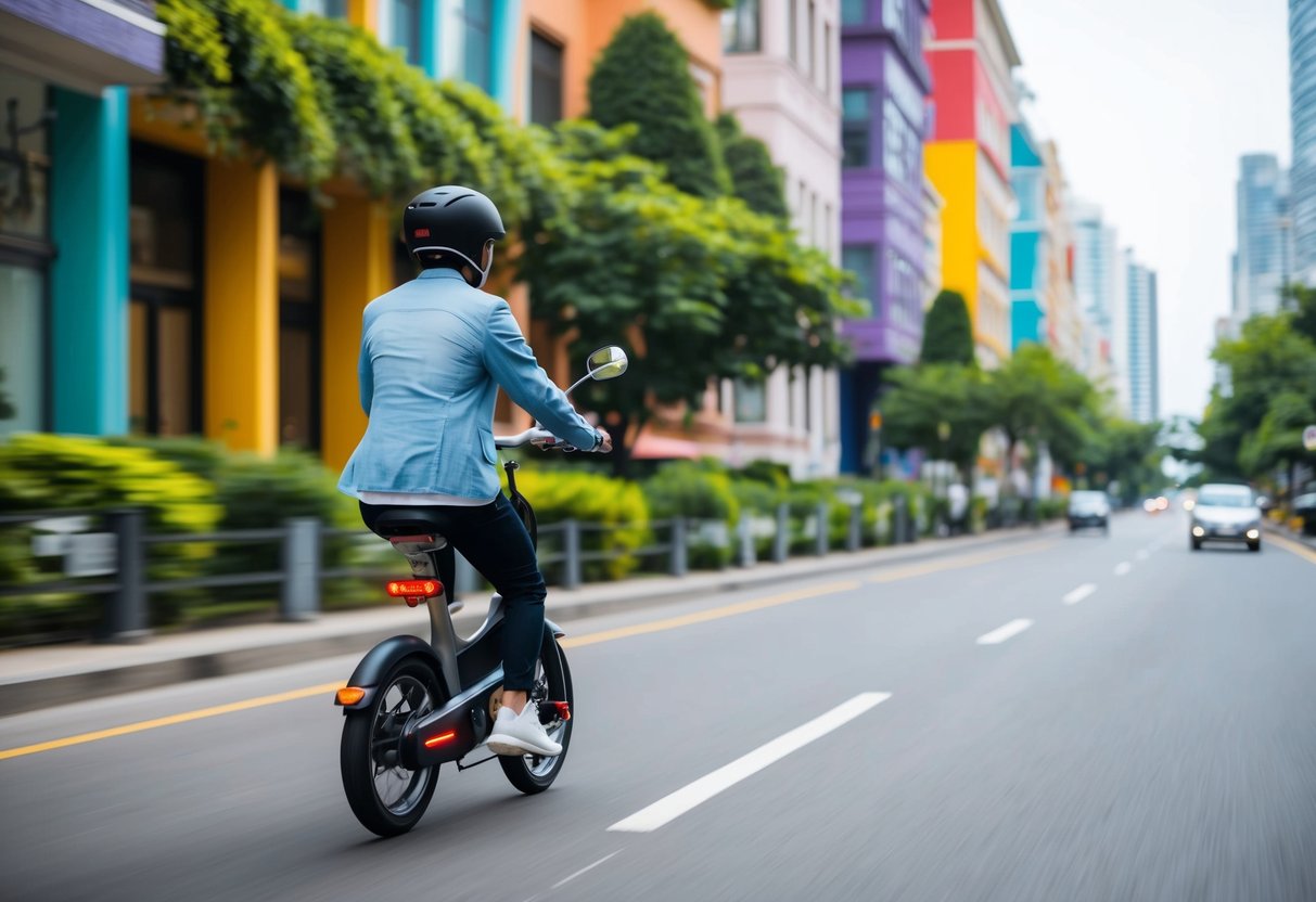 A person riding a Mobike through a city street, passing by colorful buildings and lush greenery