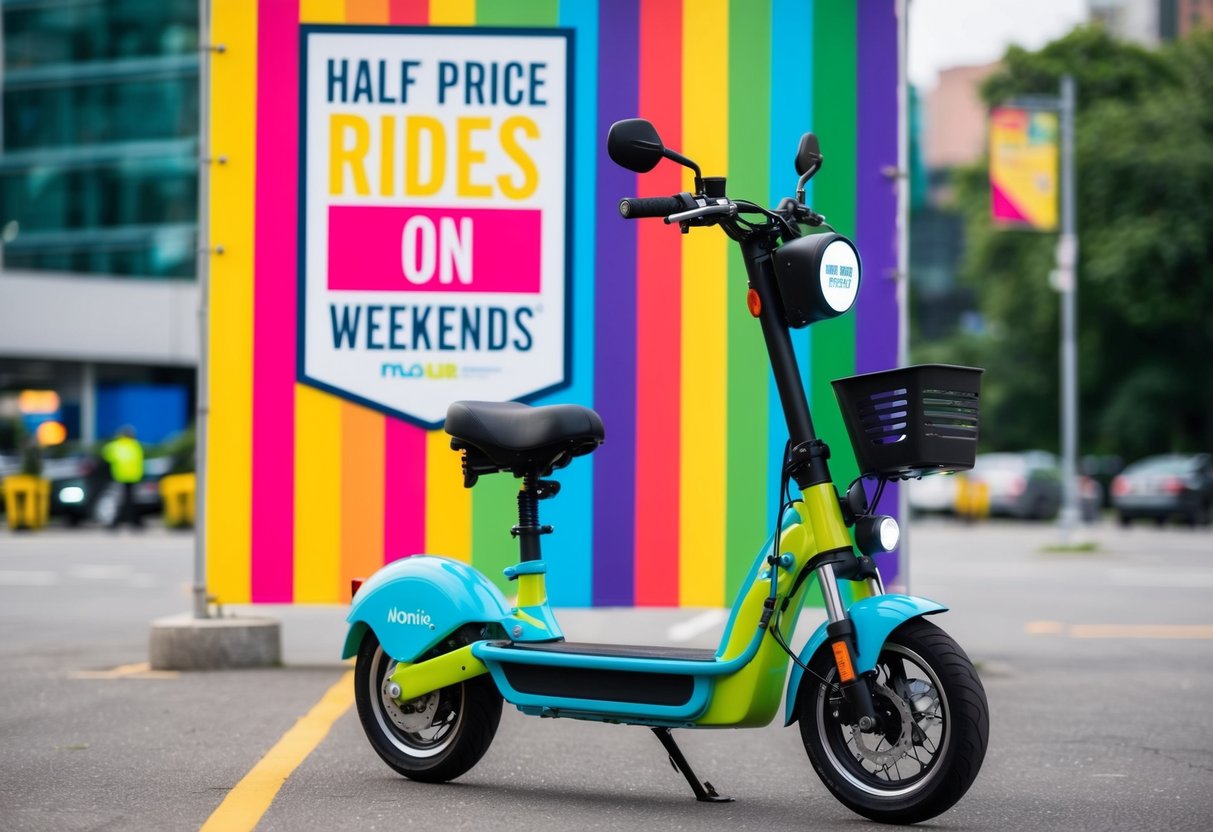 A colorful mobike parked under a vibrant "Half Price Rides on Weekends" promotional banner