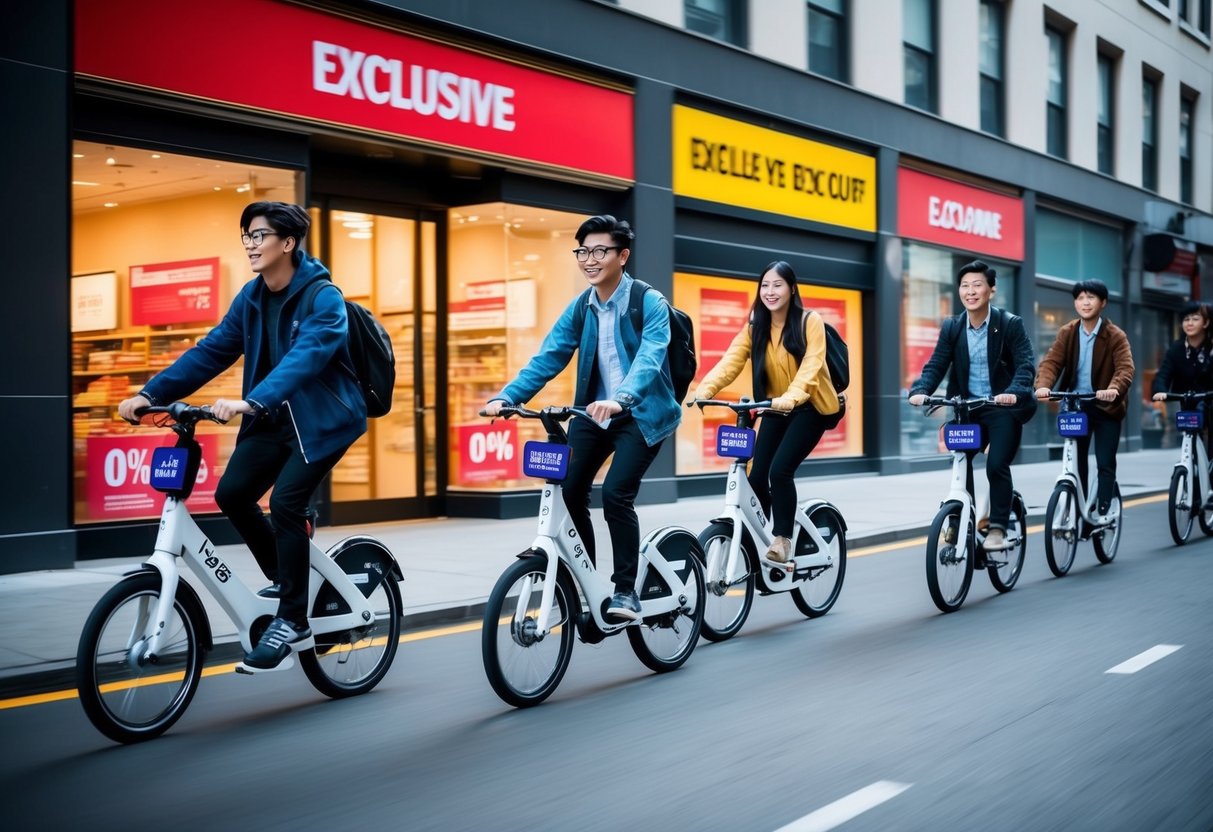 A group of students ride Mobike bicycles through a city, passing by storefronts with exclusive discount signs