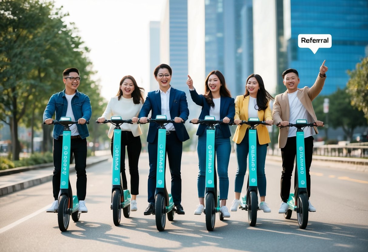 A group of people happily riding Mobikes while pointing to a referral code on their phones