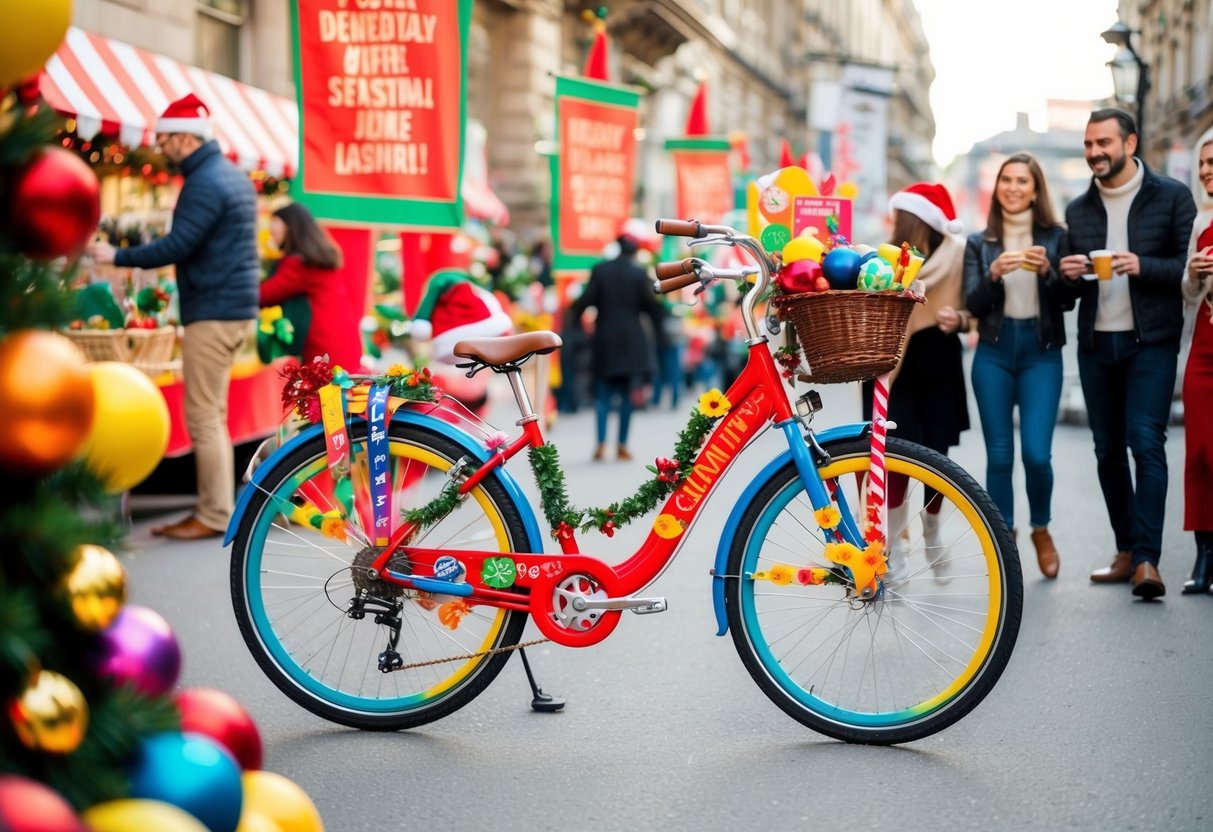 A colorful bike adorned with seasonal decorations and promotional banners, surrounded by festive activities and happy customers