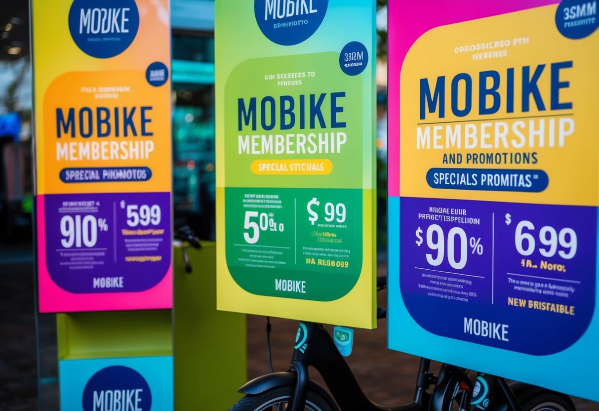 A colorful display of Mobike membership specials and promotions, with eye-catching graphics and vibrant colors