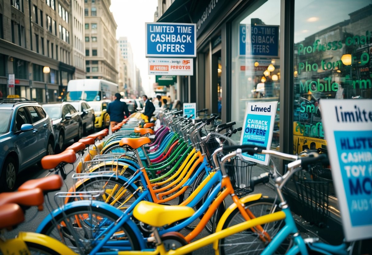 A crowded city street with colorful bicycles lined up outside a store, with signs advertising limited-time cashback offers and mobile promotions