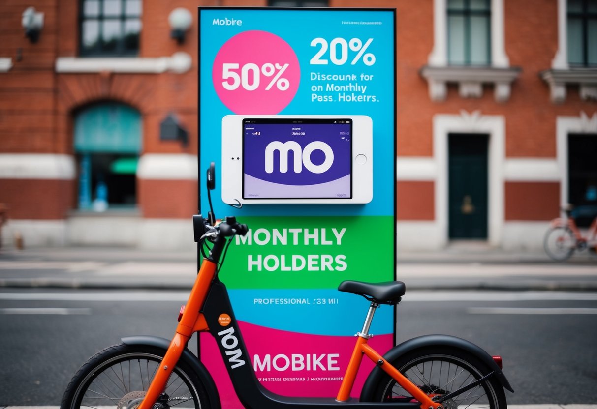 A colorful Mobike advertisement displays discounts for monthly pass holders