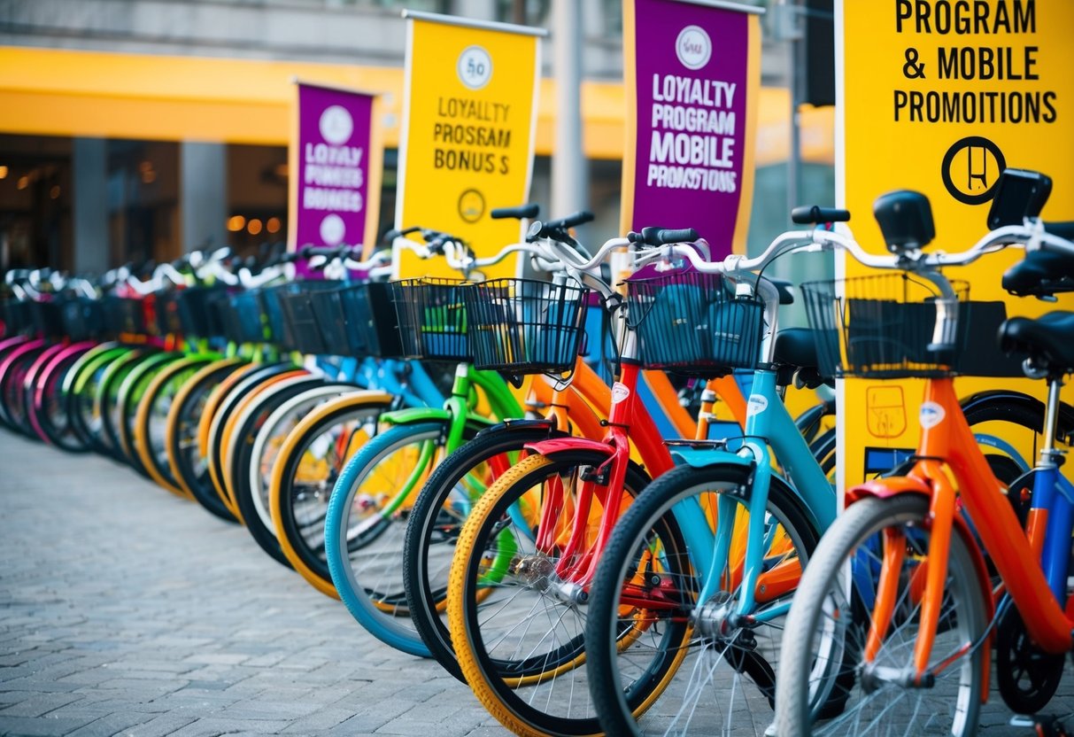 A group of colorful bicycles lined up with a banner promoting loyalty program bonuses and mobile promotions
