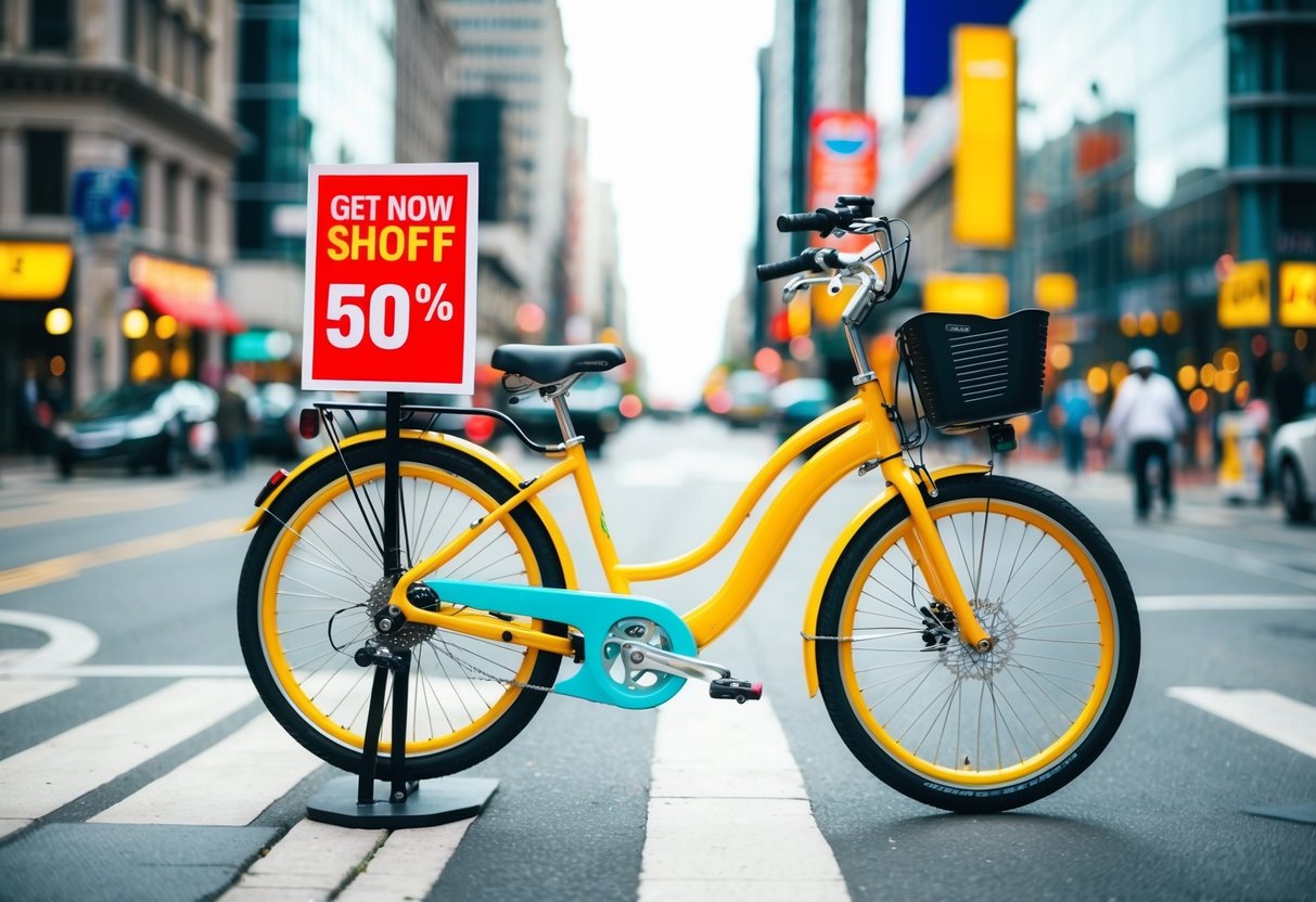 A bright, colorful bike with a promotional discount sign in a bustling city street