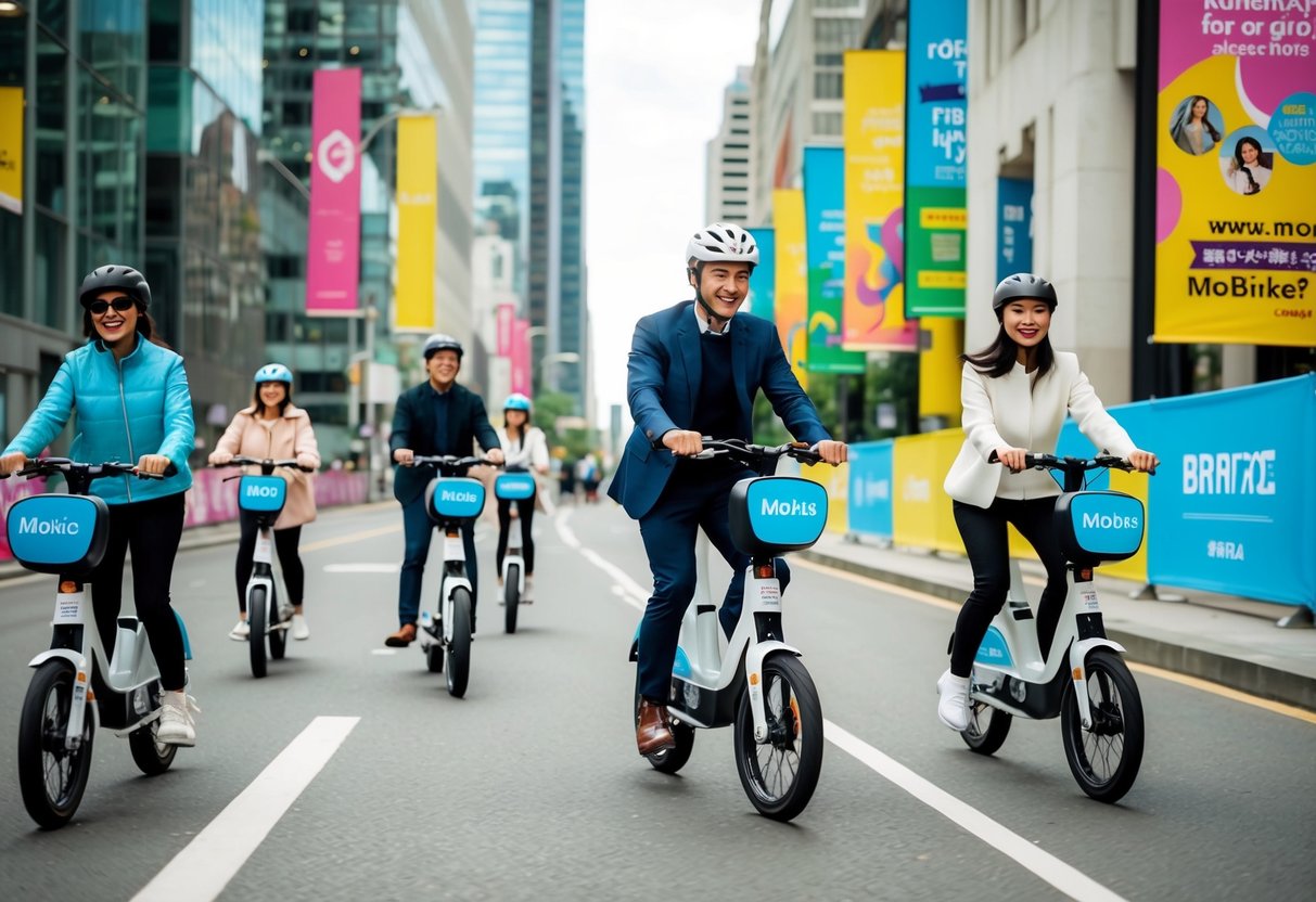 People riding Mobikes through a city, passing by promotional posters and banners. Bright colors and happy faces