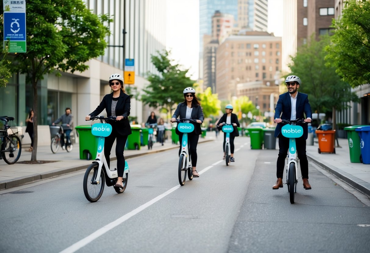 A city street with people using Mobike bicycles, passing by green spaces and recycling bins