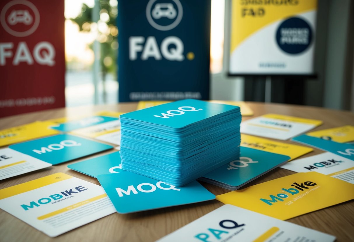 A stack of FAQ cards with Mobike logos, surrounded by promotional banners and flyers