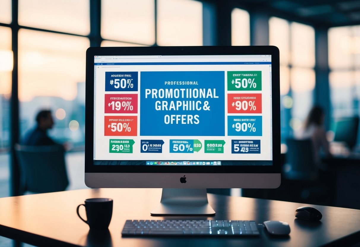 A computer monitor displaying various promotional graphics and offers