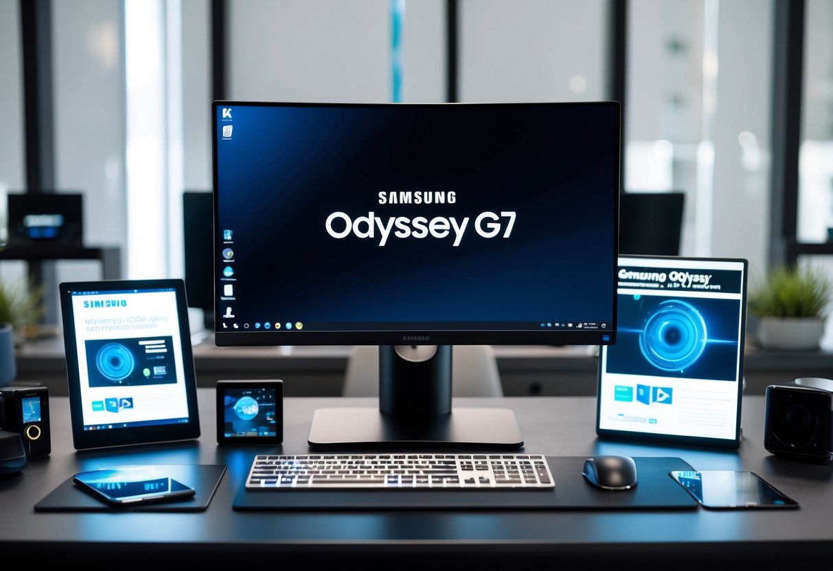 A sleek, modern desk setup with a Samsung Odyssey G7 monitor as the focal point, surrounded by other high-tech accessories and promotional materials